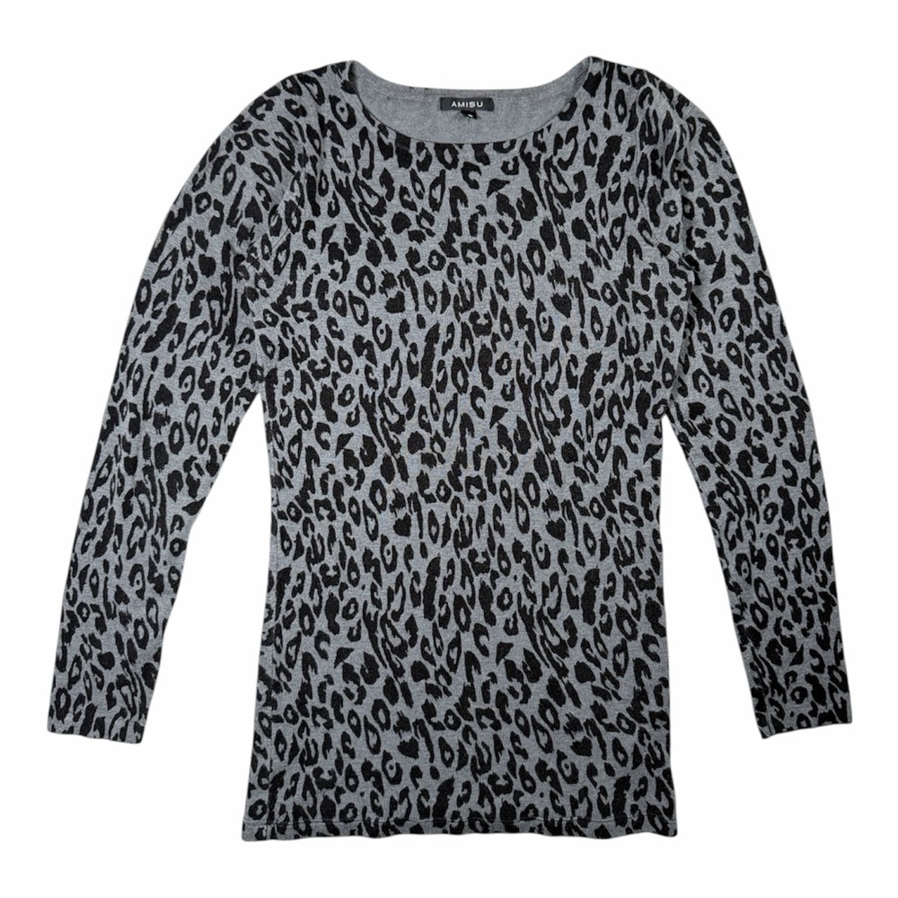 Amisu Black and Gray Leopard Print Long Sleeve Top